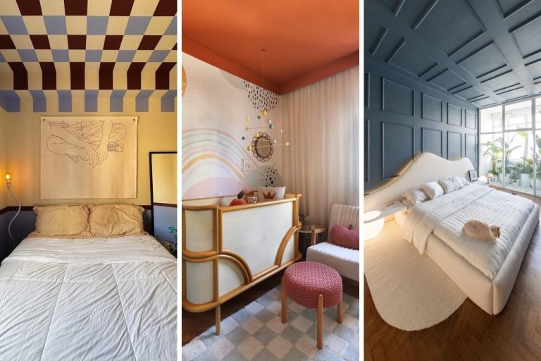 Esta imagem exibe três quartos com teto colorido. O primeiro tem um padrão geométrico azul e bordô. O segundo é um quarto de bebê com teto laranja e mural de arco-íris. O terceiro quarto, em azul-petróleo, possui uma cama elegante e vista para um jardim.
