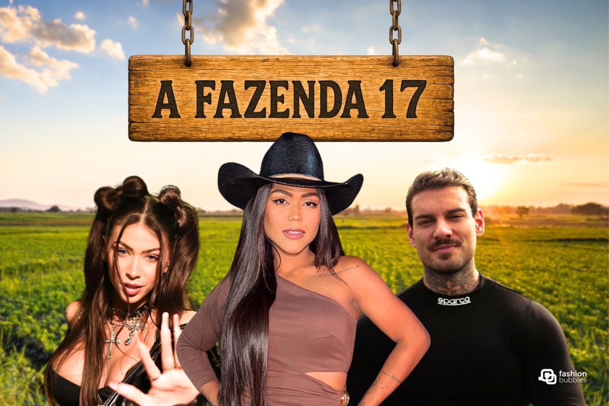 A imagem mostra o letreiro "A FAZENDA 17" acima de um cenário rural. Abaixo, três pessoas posam: uma mulher de cabelo escuro com orelhas de gato, uma mulher de chapéu de caubói e um homem barbudo com camisa preta.