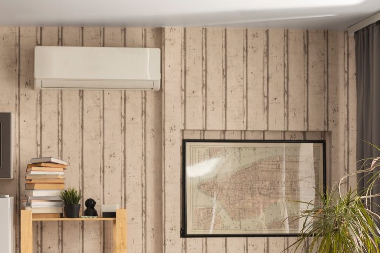 Parede ripada com ar condicionado, estante de madeira com livros, quadro e planta