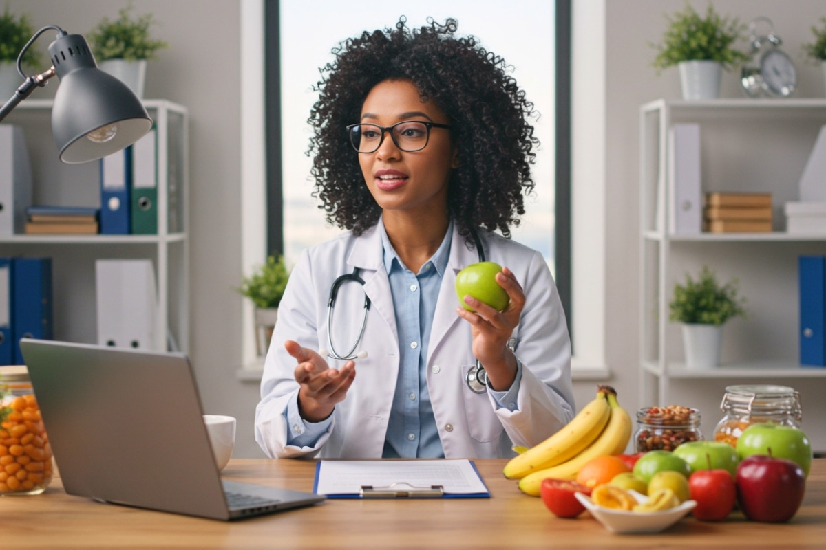 Uma nutricionista negra sorridente, de jaleco branco e óculos, senta-se a uma mesa com um laptop, frutas e potes de comida. Ela segura uma maçã verde e gesticula, parecendo estar em uma consulta online ou gravando um vídeo.