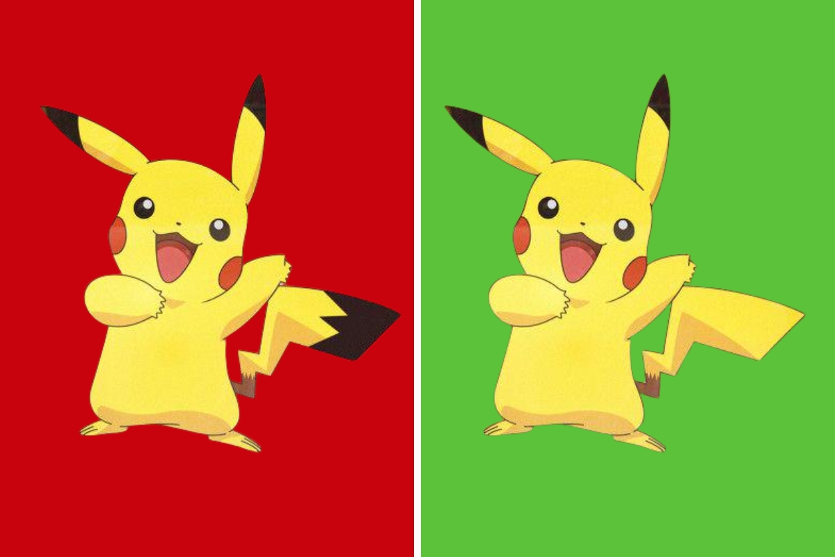 Montagem com desenho de Pikachu com parte da cauda preta em fundo vermelho e desenho de Pikachu com a cauda amarela em fundo verde