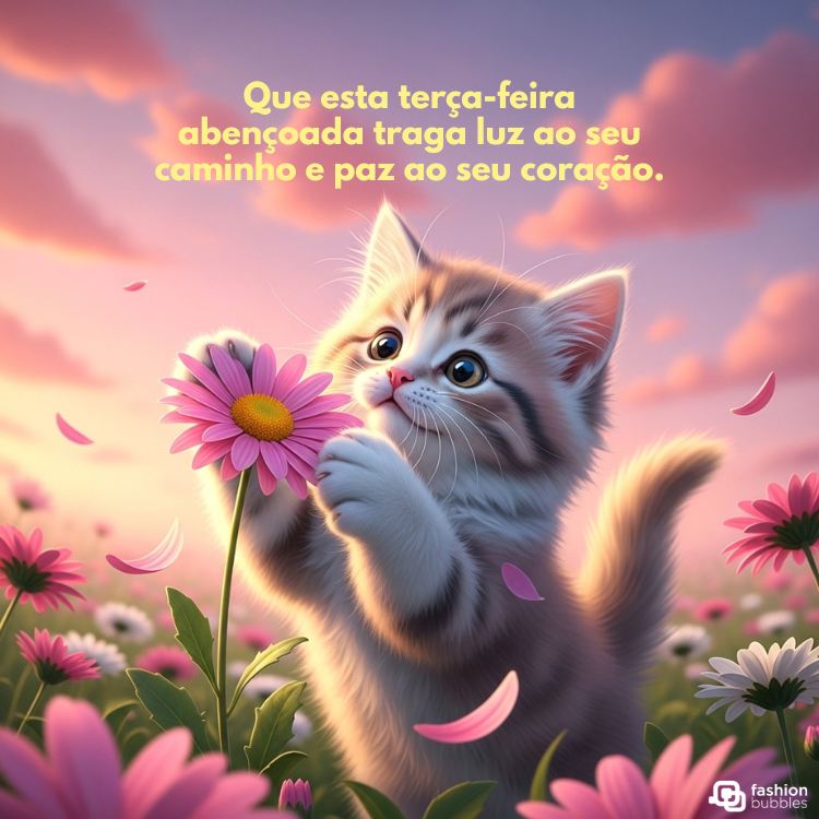 A imagem apresenta um gatinho fofo de pelos brancos e listras cinzas, em pé em um campo de flores cor-de-rosa e brancas, com algumas pétalas flutuando ao redor. O gatinho segura uma flor rosa com as patinhas, olhando para cima com olhos grandes e expressivos. O céu ao fundo possui tons suaves de rosa e laranja. A frase "Que esta terça-feira abençoada traga luz ao seu caminho e paz ao seu coração." está sobreposta.