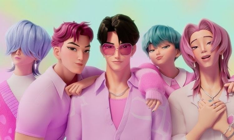 Cinco avatares 3D de K-Pop posam de perto, vestindo tons de rosa. Há três homens e duas mulheres, com cabelos em tons de azul, rosa, preto e verde-azulado, exibindo expressões serenas e modernas.