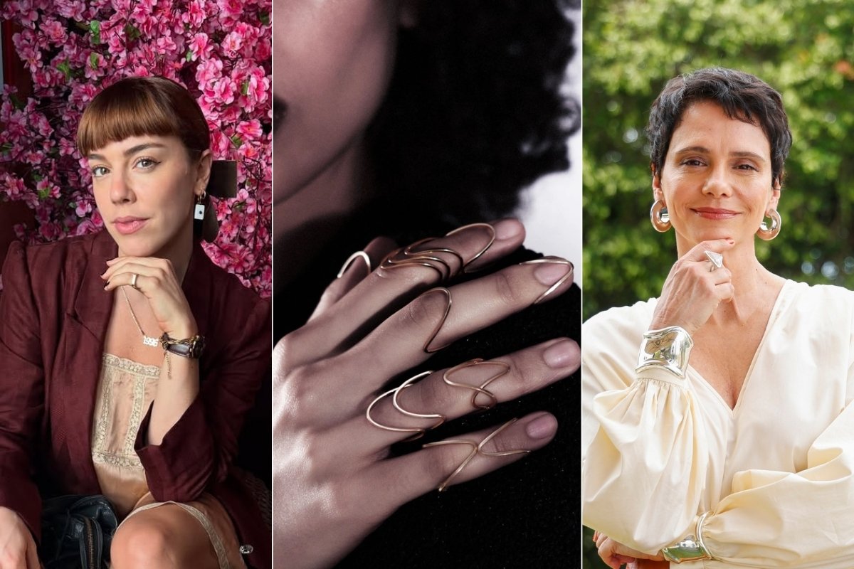 Montagem com foto de joias de Vale Tudo: colar da Solange, anéis da Maria de Fátima e braceletes da Celina