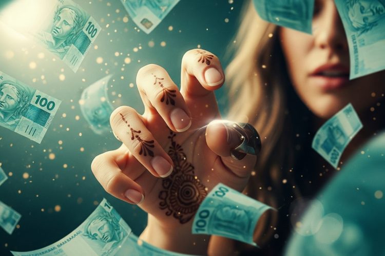 Uma mão com desenhos de hena e unhas claras se estende, enquanto notas de 100 reais flutuam ao redor, algumas com um brilho mágico. A cena, vibrante e mística, destaca a interação entre a mão e o dinheiro, com um foco na mão e um olho parcialmente visível ao fundo. Ilustra muito bem o tema coceira na mão.