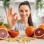 Uma mulher sorridente segura uma cápsula amarela, com laranjas de corte sanguíneo e cápsulas de suplementos morosil espalhadas em uma mesa à sua frente.
