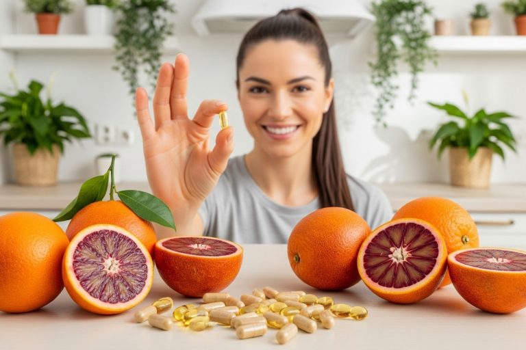 Uma mulher sorridente segura uma cápsula amarela, com laranjas de corte sanguíneo e cápsulas de suplementos morosil espalhadas em uma mesa à sua frente.