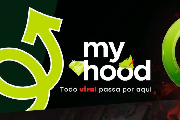 A imagem apresenta a logo "myhood" em branco, com um diamante verde no "o" e um gorro do Peter Pan no "h". À esquerda, um grande símbolo verde de Marte. O slogan "Todo VIRAL passa por aqui" aparece abaixo.