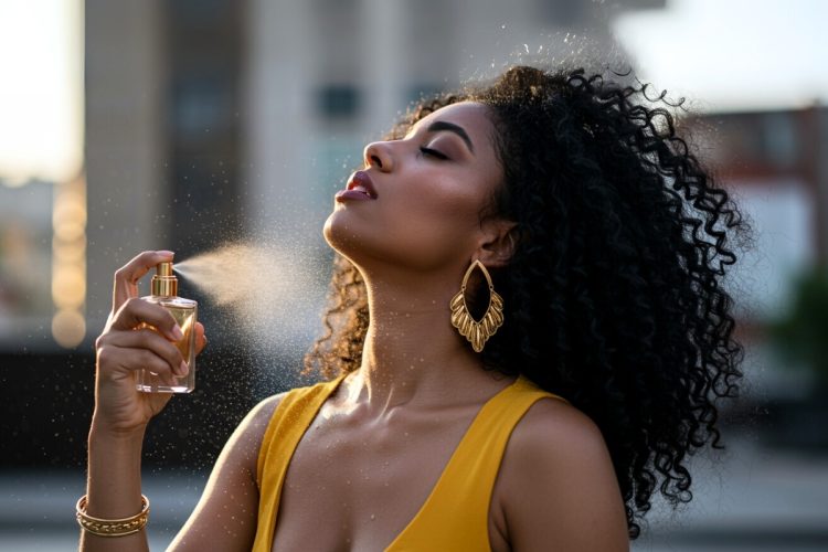 Mulher com cabelos cacheados e brincos dourados borrifa perfume no pescoço, com o sol iluminando seu perfil. Partículas de spray são visíveis, criando um efeito etéreo.