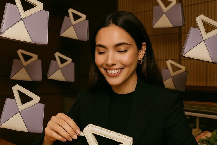 Uma mulher sorridente em um blazer preto segura uma bolsa Ryzí inteligência artificial lilás e creme, enquanto olha para baixo. No fundo, várias bolsas Ryzí idênticas flutuam, destacando o design exclusivo da marca brasileira.