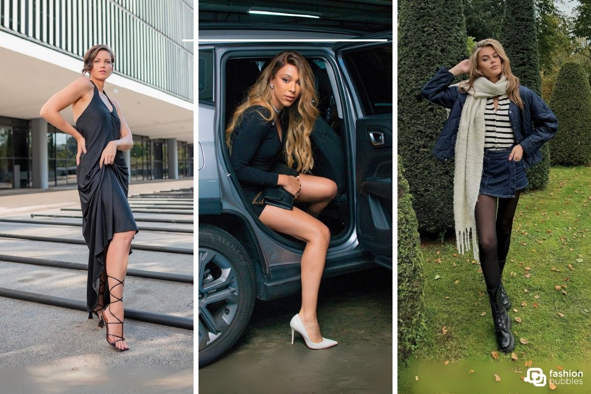 Três mulheres exibem sapatos elegantes. À esquerda, um vestido preto e sandálias de tiras; no centro, um vestido preto e scarpin branco; à direita, um look de inverno com botas. A imagem destaca diversos estilos de calçados.