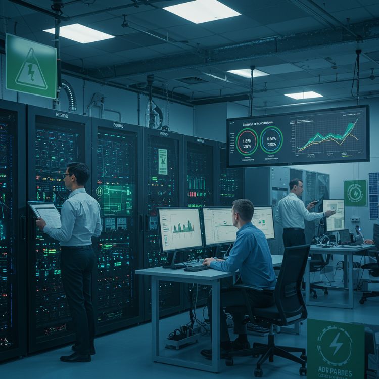 A imagem exibe um centro de dados moderno com racks de servidores. Vários técnicos monitoram e interagem com sistemas em telas, enquanto gráficos de desempenho são exibidos em grandes monitores. O ambiente é iluminado por tons de azul e verde, transmitindo uma atmosfera tecnológica e eficiente.
