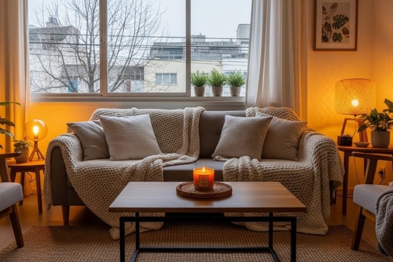 Sala aconchegante com sofá, almofadas, mantas e luzes quentes. Uma vela acesa na mesa de centro, plantas em vasos pequenos e uma grande janela com vista para a cidade ao fundo.