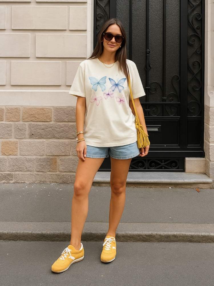 Foto de mulher morena usando camiseta branca com estampa de borboletas da ALIZI e short jeans com tênis e bolsa amarelos