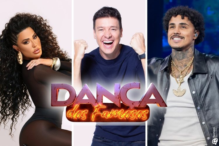 A imagem apresenta uma montagem de três pessoas. À esquerda, uma mulher com cabelo cacheado e roupa preta. Ao centro, um homem sorridente com os punhos cerrados. À direita, um homem com cabelo encaracolado e tatuagens no pescoço. O título "DANÇA dos Famosos" está em destaque no centro.