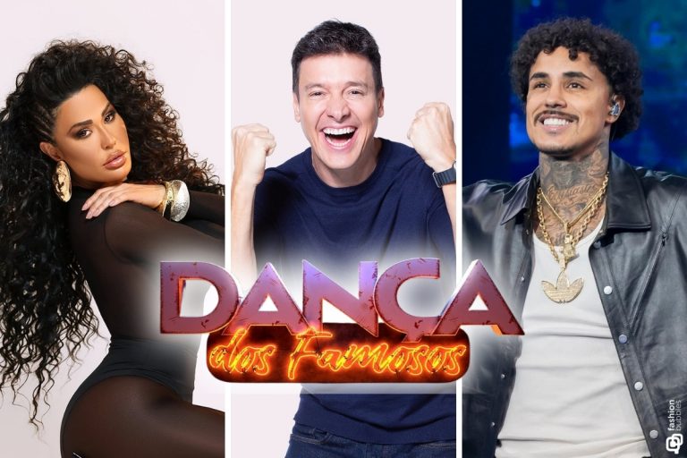 A imagem apresenta uma montagem de três pessoas. À esquerda, uma mulher com cabelo cacheado e roupa preta. Ao centro, um homem sorridente com os punhos cerrados. À direita, um homem com cabelo encaracolado e tatuagens no pescoço. O título "DANÇA dos Famosos" está em destaque no centro.