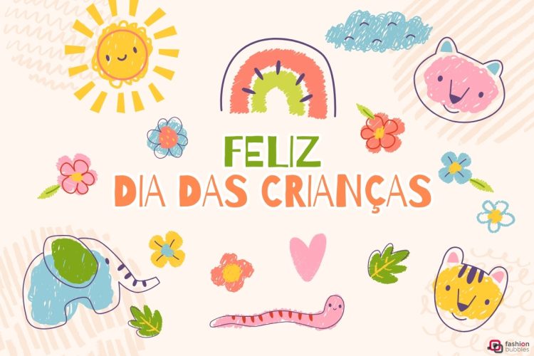 A imagem é uma ilustração infantil para o Dia das Crianças. O desenho, com traços a lápis, mostra animais fofos, como um elefante, um tigre e um ursinho, ao lado de flores, um arco-íris e um sol, com a frase "Feliz Dia das Crianças".