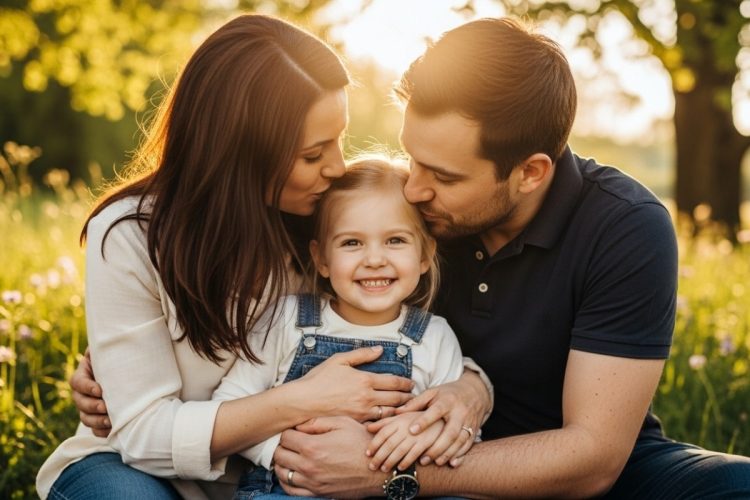 Pai e mãe carinhosamente abraçam a filha no pôr do sol. A menina sorri, os pais a beijam na cabeça, transmitindo amor e felicidade. Foco nas expressões de carinho e afeto da família.