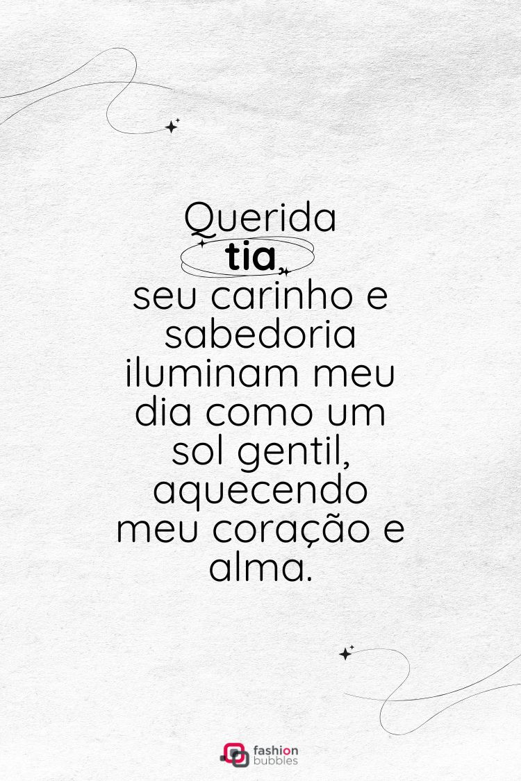 A imagem apresenta um fundo branco com linhas finas e sutis em cinza e pequenos brilhos. O texto principal em preto diz: "Querida tia, seu carinho e sabedoria iluminam meu dia como um sol gentil, aquecendo meu coração e alma."A imagem apresenta um fundo cinza claro com um post-it amarelo ao centro, preso por um clipe de papel e com um pequeno coração rosa. No post-it está escrito: "Memórias preciosas construídas ao seu lado são como flores raras em meu jardim da vida, perfumando cada etapa com amor incondicional." Acima, "Dia dos Tios" e abaixo, "21 de setembro".