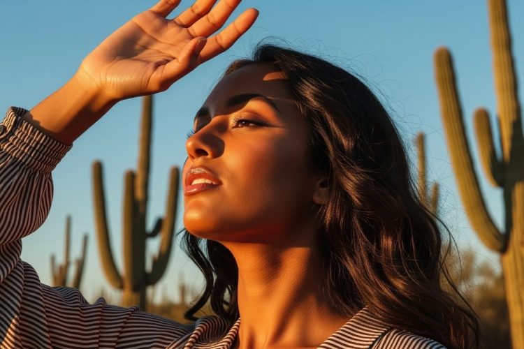 Mulher de pele morena, com o cabelo escuro e comprido, protegendo o rosto do sol com a mão. O sol ilumina seu perfil, destacando sua boca, olhos e nariz. Ao fundo, cactos e um céu azul.