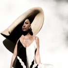 Sabrina Sato usando maxi chapéu e vestido fluido de alça metade branco e metade preto