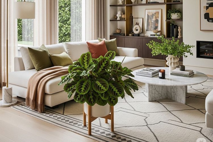 Sala de estar moderna e aconchegante com sofá branco, mesa de centro de mármore e tapete geométrico. Uma grande planta Maranta está em um vaso branco, sobre um suporte de madeira. Prateleiras com objetos de decoração completam o espaço.