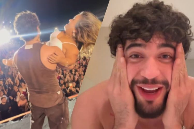 Foto do cantor Nattan segurando mulher com nanismo no colo durante show em que foi acusado de capacitismo