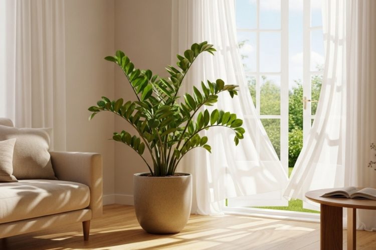 Uma planta Zamioculcas, em um vaso de cimento, decora uma sala de estar com luz natural. Cortinas brancas e leves esvoaçam em uma grande janela que dá para a área externa da casa.