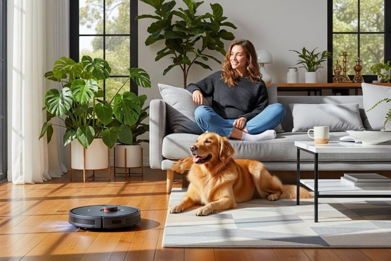 Uma mulher sorridente sentada no sofá acaricia um golden retriever deitado. Um robô aspirador de pó preto limpa o chão de madeira, em uma sala de estar clara e moderna com janelas grandes e muitas plantas.