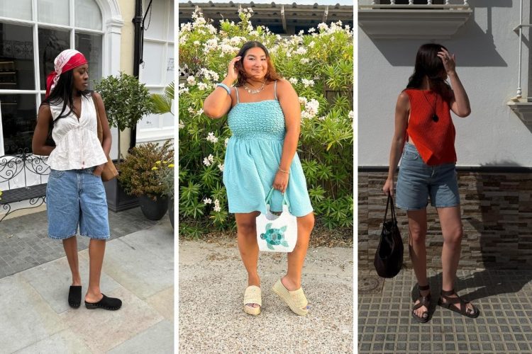 Montagem com 3 fotos de mulheres usam clog, plataforma e sandália de dedo, respectivamente