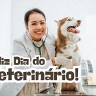 Foto de mulher cuidando de cachorro com mensagem de feliz Dia do Veterinário