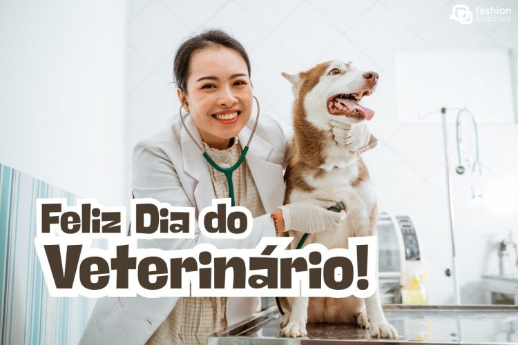 Foto de mulher cuidando de cachorro com mensagem de feliz Dia do Veterinário