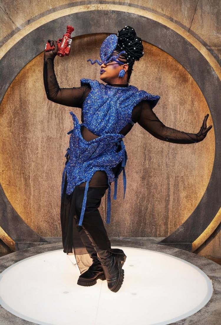 Uma pessoa com maquiagem e cabelo elaborados, usando um traje futurista azul brilhante, com botas de cano alto. Ela segura uma arma de brinquedo vermelha e posa em um palco circular, com uma parede cinza atrás.
