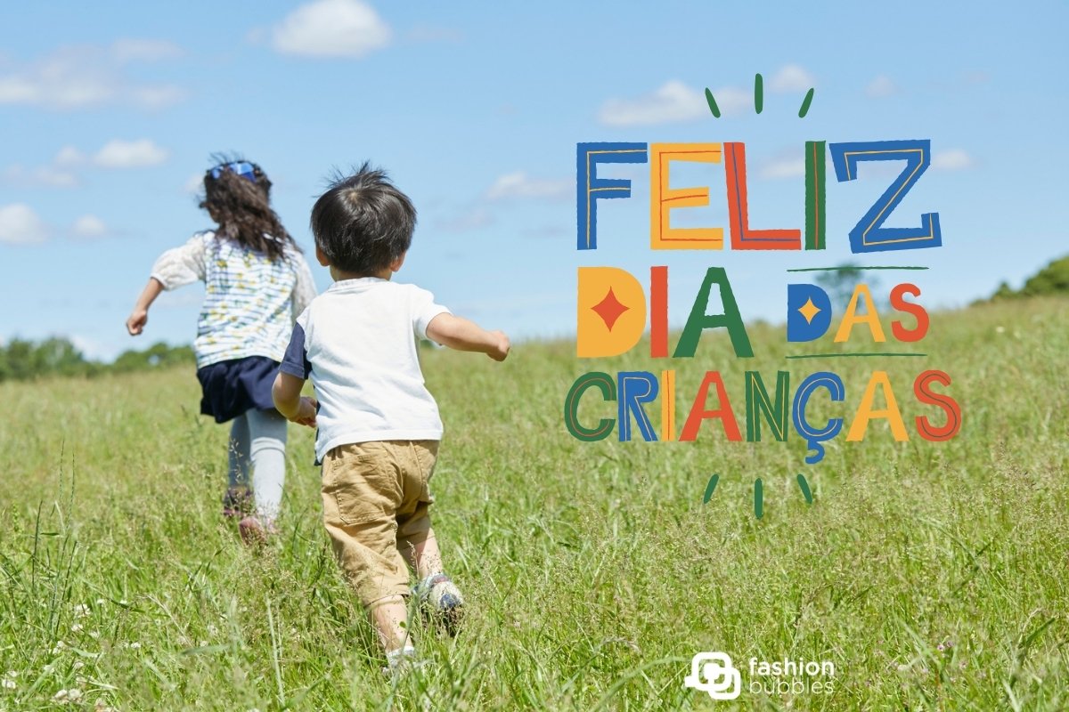 Foto de crianças correndo ao lado de mensagem de feliz dia das crianças