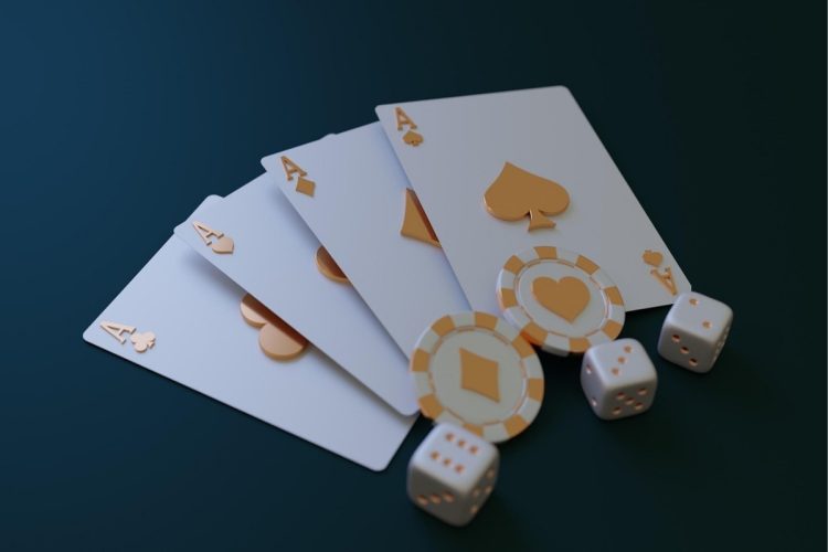 Fundo azul marinho com cartas de baralho, fichas de pôquer e dados brancos e dourados, representando moda e igaming