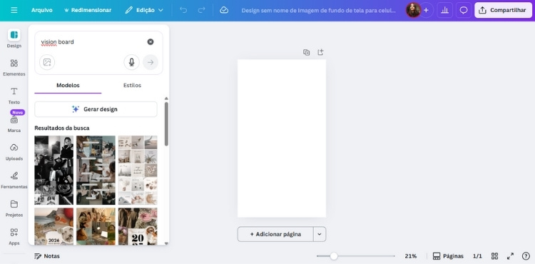 Busca por modelos de vision board no Canva