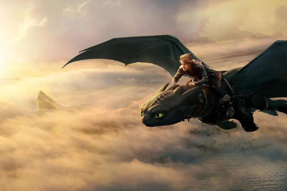 jovem montado em dragão voando acima das nuvens ao pôr do sol