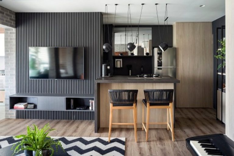 Foto de cozinha e sala de apartamento de 60 m² integradas