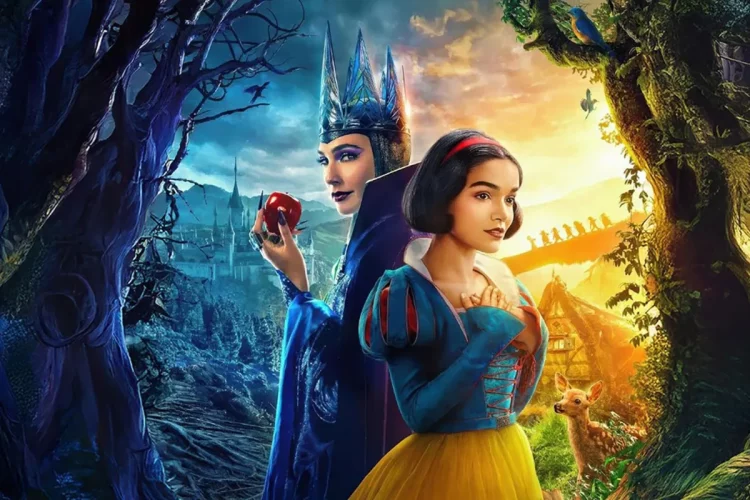 Cena do live-action de Branca de Neve mostrando a princesa e a Rainha Má em cenário mágico e sombrio