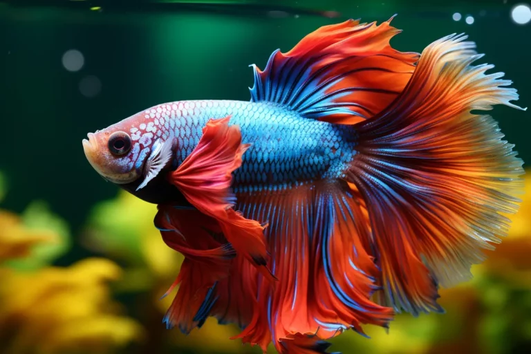 Peixe betta azul e vermelho com nadadeiras abertas em aquário decorado com fundo verde iluminado.