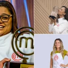 Montagem com vencedoras do MasterChef Brasil exibindo troféus e avental oficial do programa culinário.