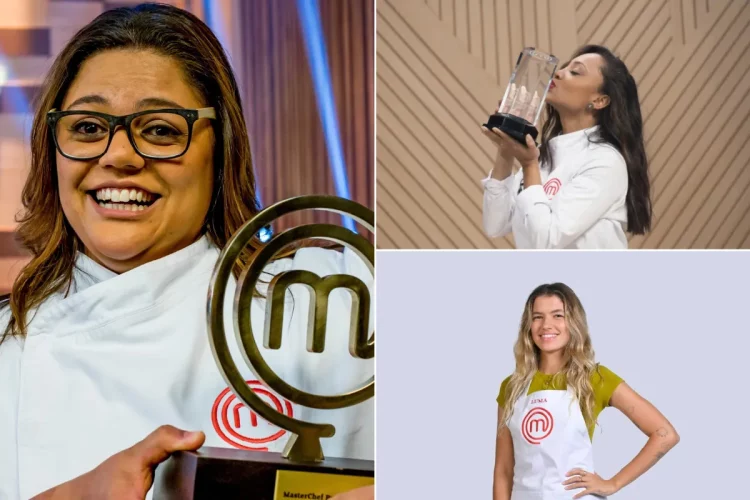 Montagem com vencedoras do MasterChef Brasil exibindo troféus e avental oficial do programa culinário.