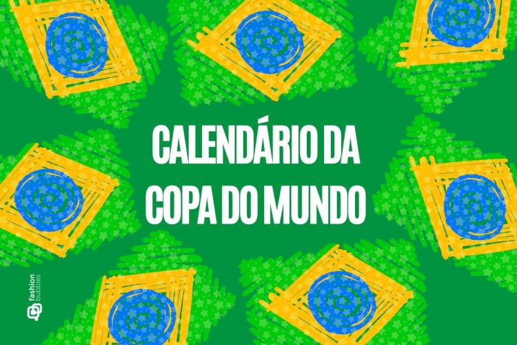 Fundo verde com bandeiras do Brasil escrito calendário da Copa do Mundo 2026