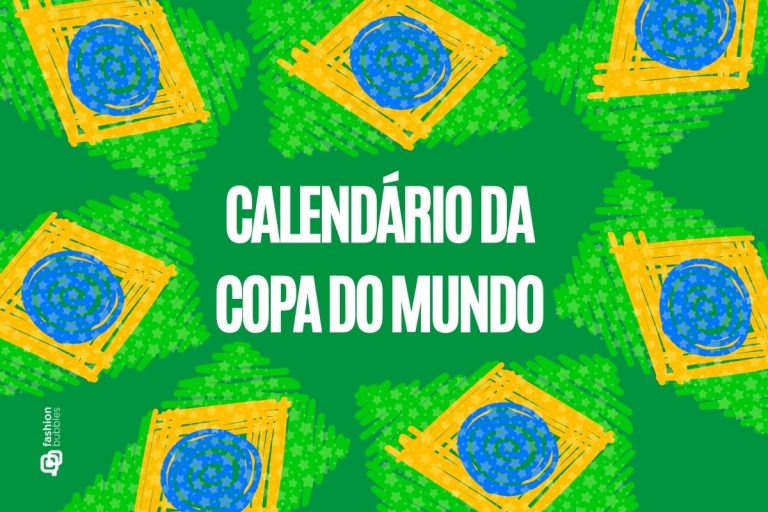 Fundo verde com bandeiras do Brasil escrito calendário da Copa do Mundo 2026