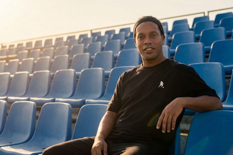 Ronaldinho Gaúcho usando camiseta preta oversized de sua marca de roupas