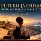 Mulher de costas olhando para cidade no interior da Bahia ao lado de símbolo de inteligência artificial, futuro com Lula