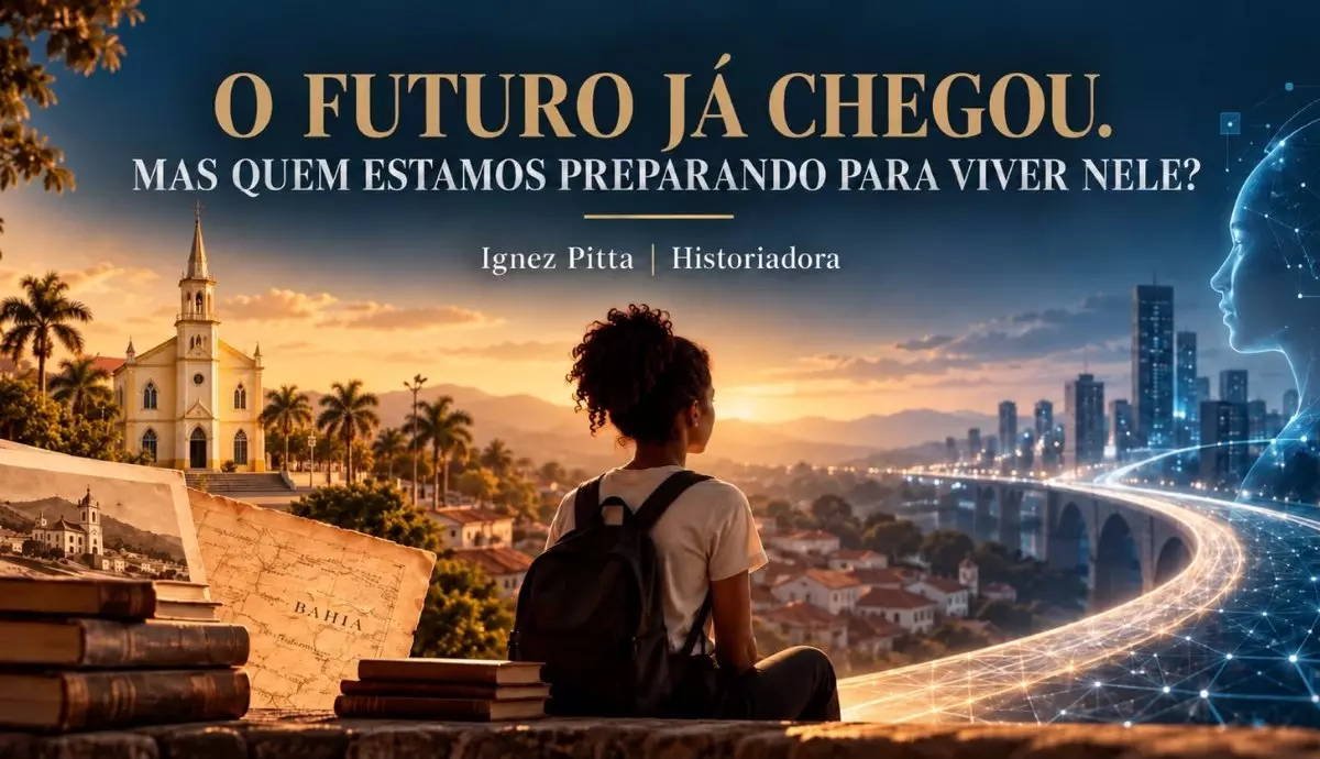 Mulher de costas olhando para cidade no interior da Bahia ao lado de símbolo de inteligência artificial, futuro com Lula
